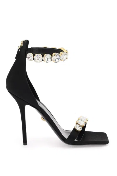 Versace Satin Sandals With Crystals In Nero