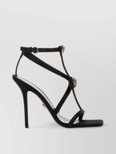 Versace Satin Sandals With Square Toe And Strappy Design In Black