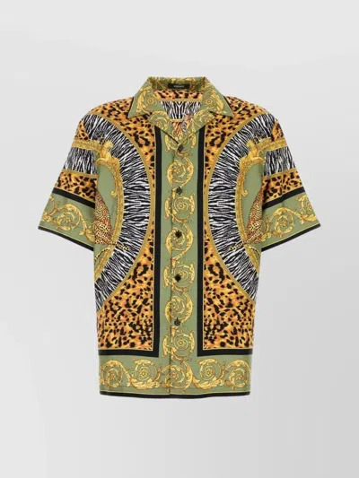 Versace Wild Cats Camp-collar Printed Silk-twill Shirt In Green