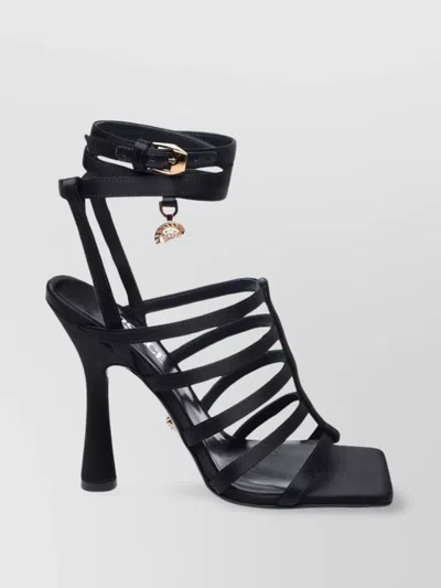 Versace Satin Strappy Sandals Ankle Strap In Black