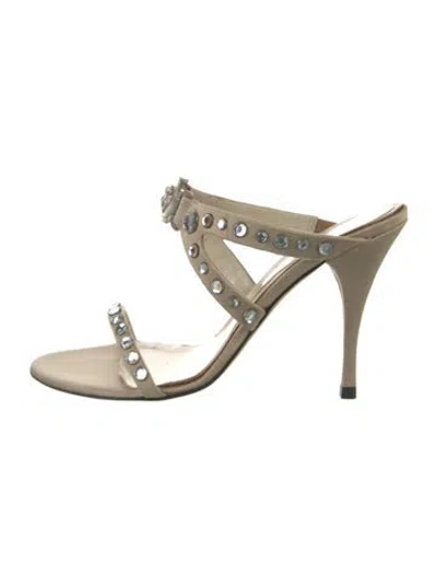 Pre-owned Versace Satin Studded Accents Slides In Neutral