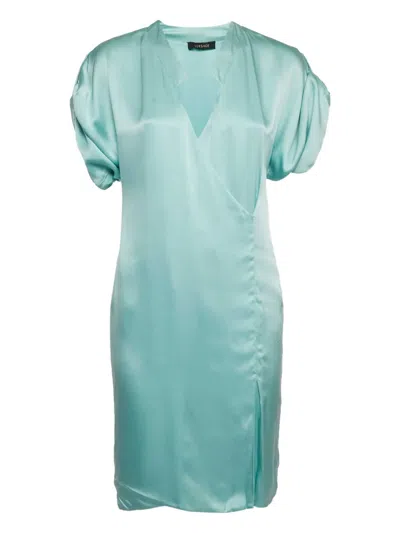 Pre-owned Versace Satin V-neckline Dress In Blue