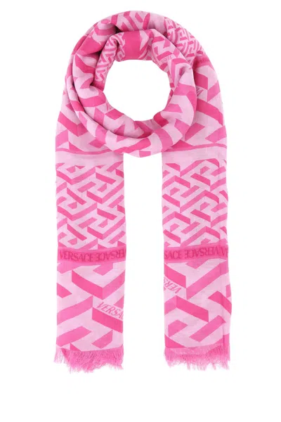 Versace Signature Print Frayed Edge Scarf In Pink