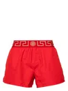 Versace Greca Border Long Boxer Trunks In Red