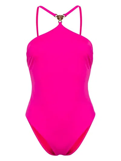 Versace Medusa-plaque Halterneck Swimsuit In Pink