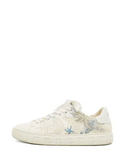 Pre-owned Versace Sea-motifs Canvas Sneakers In White