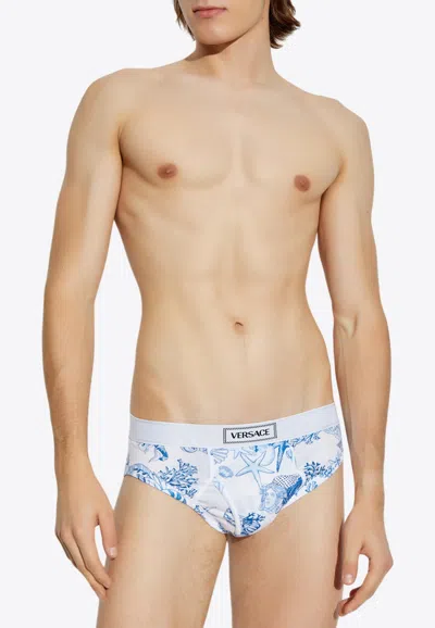 Versace Seashell Print Logo Briefs In Blue