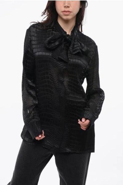 Versace See Through Silk Blend Tie Neck Shirt In Black