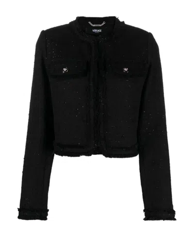 Versace Sequin-embellished Tweed Jacket In Black