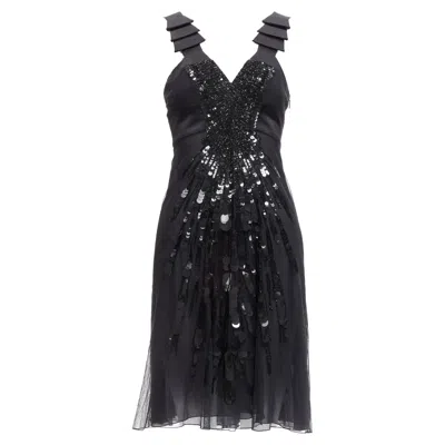 Versace Sequins Bead Embellishment Ruffle Strap Dress In Black