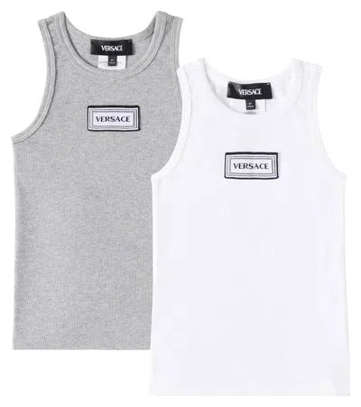 Versace Kids' Set Of 2 Cotton-blend Jersey Tank Tops In White+grey Melange