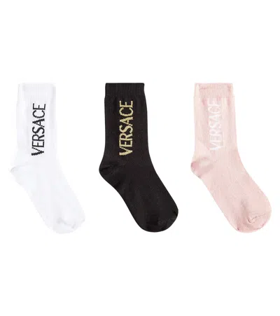 Versace Kids' Set Of 3 Logo Cotton-blend Socks In Black