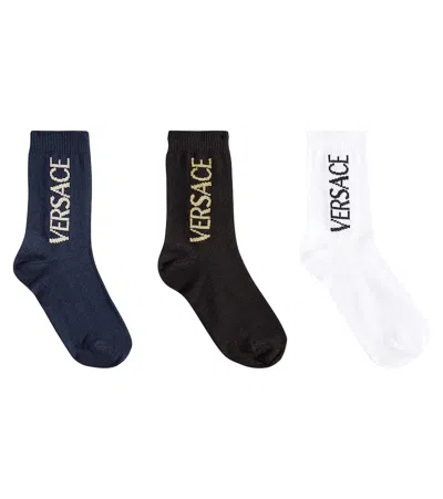 Versace Kids' Set Of 3 Logo Cotton-blend Socks In Multicoloured