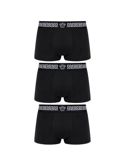 Versace Set Of 3 Low-rise Cotton-blend Boxer Briefs With Logo Elastic Waistband In Black