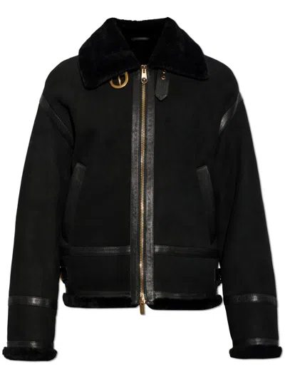 Versace Shearling-trimmed Leather Jacket In Black