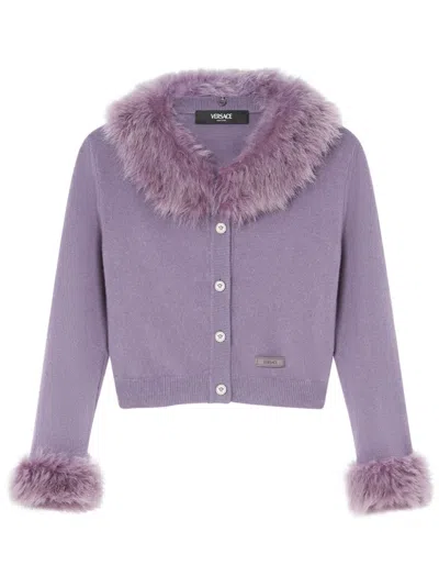 Versace Shearling Trim Cardigan In Purple