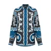 Versace Silk Shirt With Printed Design And Button-down Collar In Blue