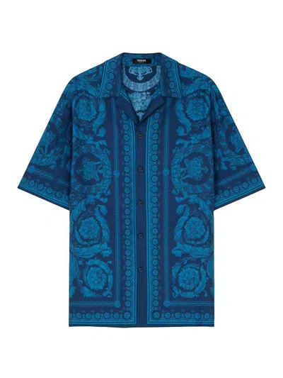 Versace Barocco Print Silk Shirt In Blue