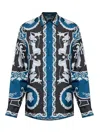 Versace Silk Shirt With Printed Design And Button-down Collar In Blue