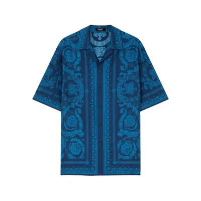 Versace Barocco-print Short-sleeve Shirt In Blue