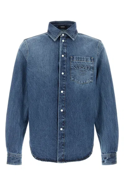 Versace Indigo Blue Washed Denim Shirt With Embossed Logo