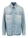 Versace Light Blue Stone-washed Denim Shirt With Studs In Brown