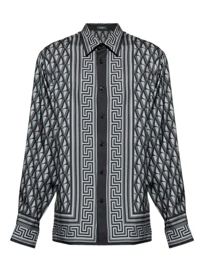 Versace V Greek Key-print Shirt In Blue