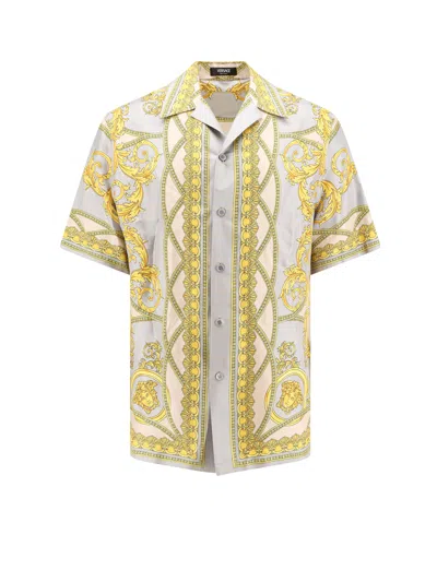 Versace Baroque-pattern Print Silk Shirt In Gray+print