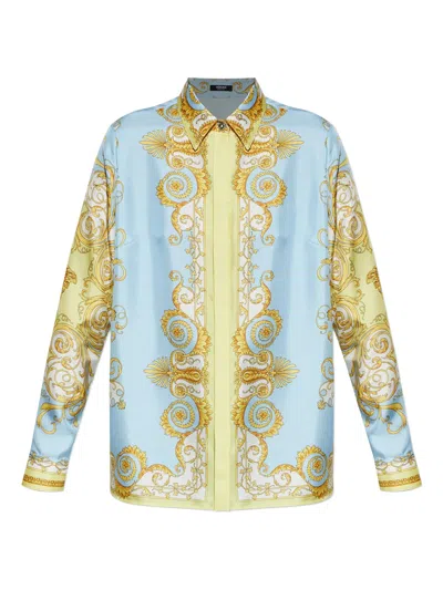 Versace Multicolor Long-sleeved Shirt With Pointed Collar And All-over Baroque Print In Silk For Women