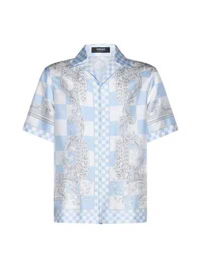 Versace Shirt In Pastel Blue+white+silver