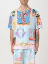 Versace Multicolored Silk Twill Short-sleeved Shirt With Artistic Motifs In Hellblau