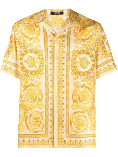 Versace Barocco-print Silk Shirt In Beige