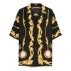 Versace Black Shirt With Cuban Collar And All-over Graphic Print In Silk Man