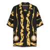 Versace Black Shirt With Cuban Collar And All-over Graphic Print In Silk Man