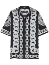 Versace Black And White Bowling Shirt With Cuban Collar And All-over Chain-link Print In Silk Man