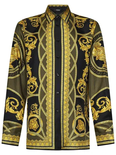 Versace Shirts In Black Dark Olive Gold