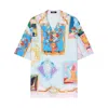 Versace Multicolored Silk Twill Short-sleeved Shirt With Artistic Motifs In Blue
