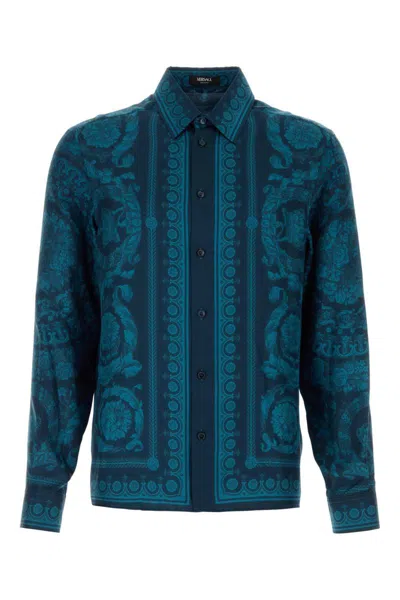 Versace Informal Shirt Silk Twill Fabric Barocco 92 Print Shirts Blue