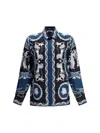 Versace Silk Shirt With Printed Design And Button-down Collar In Blue