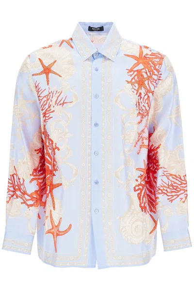 Versace Shirts In Blue Hydrangea/coral/bone