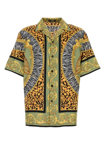 Versace Wild Cats Camp-collar Printed Silk-twill Shirt In Green