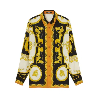 Versace Baroque Print Silk Shirt With Gold Accents In Multi
