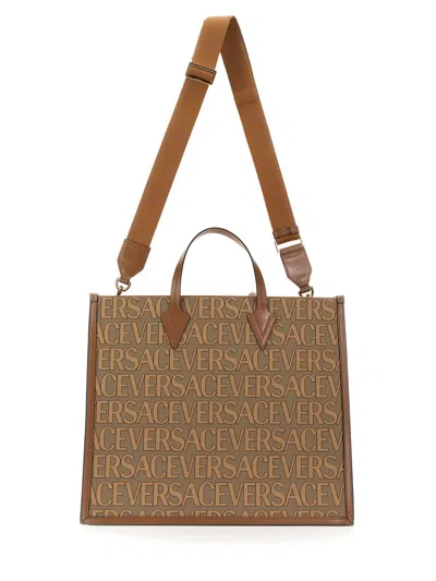 Versace Shopper Bag With Allover Logo In Brown