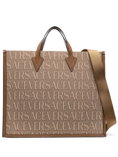 Versace Shopper Bag With Allover Logo In Brown
