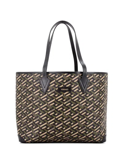 Pre-owned Versace Shopping (outlet) Printed La Greca Signature Coated Canvas Medium Tote Bag In Black
