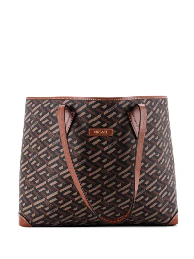 Pre-owned Versace Shopping (outlet) Printed La Greca Signature Coated Canvas Medium Tote Bag In Brown