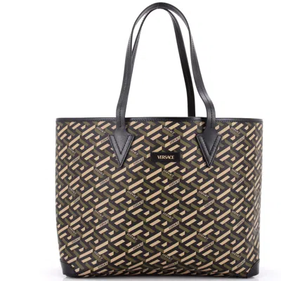 Versace Shopping Tote (outlet) Printed La Greca Signature Coated Canvas Medium In Black