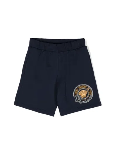 Versace Kids' Medusa Head-embroidered Cotton Shorts In Blue