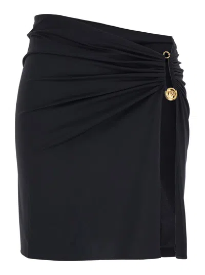 VERSACE BLACK SKIRT WITH PIN DETAIL WITH LOGO AND SIDE SLIT IN TECH FABRIC STRETCH WOMAN