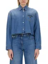 Versace Cropped Blue Denim Shirt In Denim